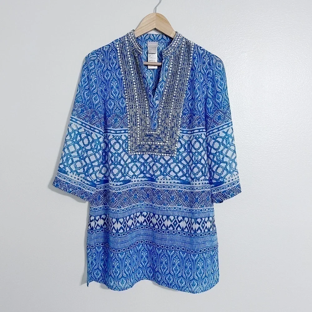 Chicos Mixed Print Rhinestone Top